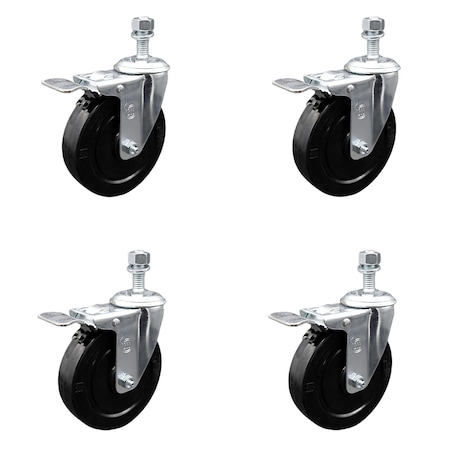 Service Caster 5 Inch SS Soft Rubber Swivel 3/8 Inch Threaded Stem Caster Set Total Lock Brake SCC-SSTSTTL20S514-SRS-381615-4